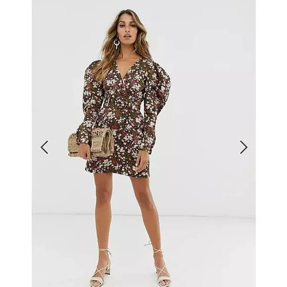 & Other Stories Extra Puff Sleeves Mini Dress Floral Pink Black Size 0 NWT - Picture 4 of 13